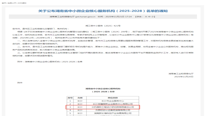 省級科技創(chuàng)新服務資質+1，中機國際獲批2025年度湖南省中小微企業(yè)核心服務機構